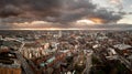 Aerial panorama of Leeds Dock and River Aire in a cityscape skyline at sunrise Royalty Free Stock Photo