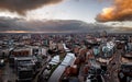 Aerial panorama of Leeds Dock and River Aire in a cityscape skyline at sunrise Royalty Free Stock Photo