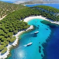 Aerial panorama of Moni well known near to the settlement of on the Greek island of Aegina with the blue