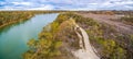 Aerial panorama of Murray River and dirt road.