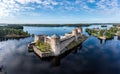 Aerial panorama of Olavinlinna castle and the surrounding lakes in Savonlinna, Finland