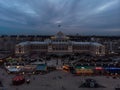 Aerial panorama of old historic seaside building Kurhaus of Scheveningen hotel on waterfront beach The Hague Netherlands