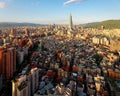 Aerial panorama over Downtown Taipei, capital city of Taiwan with view of prominent Taipei 101 Tower amid skyscrapers Royalty Free Stock Photo