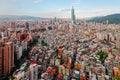 Aerial panorama over Downtown Taipei, capital city of Taiwan with view of prominent Taipei 101 Tower amid skyscrapers