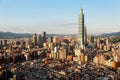 Aerial panorama over Downtown Taipei, capital city of Taiwan with view of prominent Taipei 101 Tower amid skyscrapers