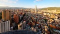 Aerial panorama over Downtown Taipei, capital city of Taiwan with view of prominent Taipei 101 Tower amid skyscrapers Royalty Free Stock Photo