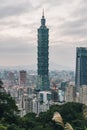 Aerial panorama over Downtown Taipei with Taipei 101 Skyscraper with trees on mountain in foreground in the dusk from Xiangshan.