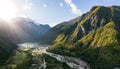 Aerial Panorama over Theth Village in the Northern Albanian Alps with Beautiful Sunbeams