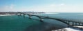 Aerial panorama of the Peace Bridge between Fort Erie, Canada and Buffalo, United States Royalty Free Stock Photo