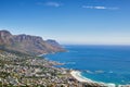 Aerial panorama photo of Camps Bay. Aerial view of town near sea against sky. Royalty Free Stock Photo