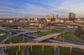 Aerial panorama picture of the Fort Worth skyline at sunrise with highway intersection in Texas Royalty Free Stock Photo