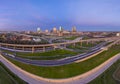 Aerial panorama picture of the Fort Worth skyline at sunrise with highway intersection in Texas Royalty Free Stock Photo