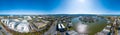 Aerial Panorama of residential properties riverside villas yachts alongside curved waterway 70 megapixels