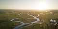 Aerial panorama of river meander in Biebrza National Park