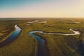 Aerial panorama of the rivers of the Astrakhan region in the spring. Akhtuba river Royalty Free Stock Photo