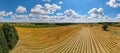 Aerial panorama of rural road passing through agricultural land in Poland countryside Royalty Free Stock Photo