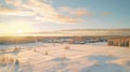 Aerial Panorama Of Russian Winter Village: Soft Atmospheric Light, Golden Glow