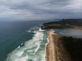 Aerial panorama of sand coast pacific ocean sea shore Opoutere beach waves Waikato Coromandel Peninsula New Zealand Royalty Free Stock Photo