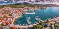 Panorama of a scenic resort town Neos Marmaras with yacht marina sea port in Halkidiki, Sithonia. Travel attractions and