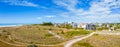 Aerial panorama Siesta Key dunes with beachfront homes under construction