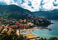 Aerial panorama of Sori village and beach coast, Genova, Liguria