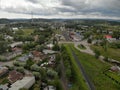 Aerial panorama Sortavala city. Railroad station railway. With cloudy sky.