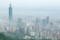 Aerial panorama of Taipei, the capital city of Taiwan, on a foggy morning