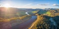 Aerial panorama of Tumut river and power station.