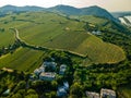 An aerial panorama of Vienna Nussdorf with vineyards rows in summer Royalty Free Stock Photo