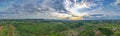 Aerial panorama view of countryside with windmills, Agriculture fields and different variety of harvest, Panaramic view of forest