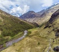 An aerial panorama view down the River Nevis from the Steall waterfall in Glen Nevis, Scotland Royalty Free Stock Photo