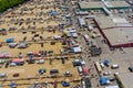 Aerial panorama view on flea market with miscellaneous items and crowds of buyers and sellers in Englishtown NJ USA