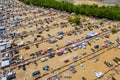 Aerial panorama view on flea market with miscellaneous items and crowds of buyers and sellers in Englishtown NJ USA