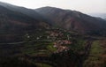 Aerial panorama view of green agriculture farming terraces in remote rural mountain village town Sistelo Norte Portugal