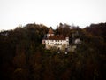 Aerial panorama view of historic building Schloss Klingenstein castle Blautal valley Alb-Donau-Kreis Germany