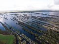 Aerial panorama view of houses on Vinkeveense Plassen lake with thousand islands river canals Utrecht Netherlands Europe Royalty Free Stock Photo