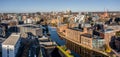 Aerial panorama view of Leeds Dock city centre skyline and Roberts Wharfe waterfront properties