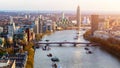 Aerial panorama view on London. View towards Houses of Parliament, London Eye and Westminster Bridge on Thames River Royalty Free Stock Photo