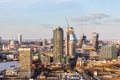 Aerial panorama view on London. View towards Houses of Parliament, London Eye and Westminster Bridge on Thames River. Royalty Free Stock Photo