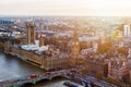 Aerial panorama view on London. View towards Houses of Parliament, London Eye and Westminster Bridge on Thames River. Royalty Free Stock Photo