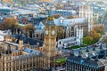 Aerial panorama view on London. View towards Houses of Parliament, London Eye and Westminster Bridge on Thames River. Royalty Free Stock Photo