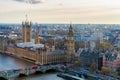 Aerial panorama view on London. View towards Houses of Parliament, London Eye and Westminster Bridge on Thames River. Royalty Free Stock Photo