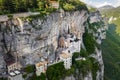 Aerial Panorama View of Madonna della Corona Sanctuary, Italy. The Church Built in the Rock