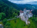 Aerial panorama view of the medieval Bran Castle, known for the myth of Dracula