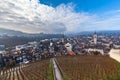 Aerial panorama view of old town cityscape of Schaffhausen and the Rhine river from the Munot fortification in autumn on sunny day Royalty Free Stock Photo