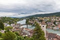 Aerial panorama view of old town cityscape of Schaffhausen and the Rhine river from the Munot fortification in summer on a cloudy Royalty Free Stock Photo