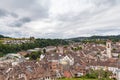 Aerial panorama view of old town cityscape of Schaffhausen and the Rhine river from the Munot fortification in summer on a cloudy Royalty Free Stock Photo