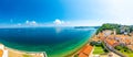 Aerial panorama view of Piran city, Slovenia. Look from tower in church. In foreground are small houses, Adriatic sea in Royalty Free Stock Photo