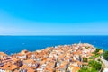 Aerial panorama view of Piran city, Slovenia. Look from tower in church. In foreground are small houses, Adriatic sea in Royalty Free Stock Photo