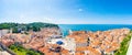 Aerial panorama view of Piran city, Slovenia. Look from tower in church. In foreground are small houses, Adriatic sea in Royalty Free Stock Photo